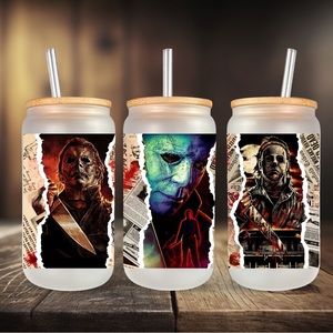 16oz Halloween glass cup with lid and straw
